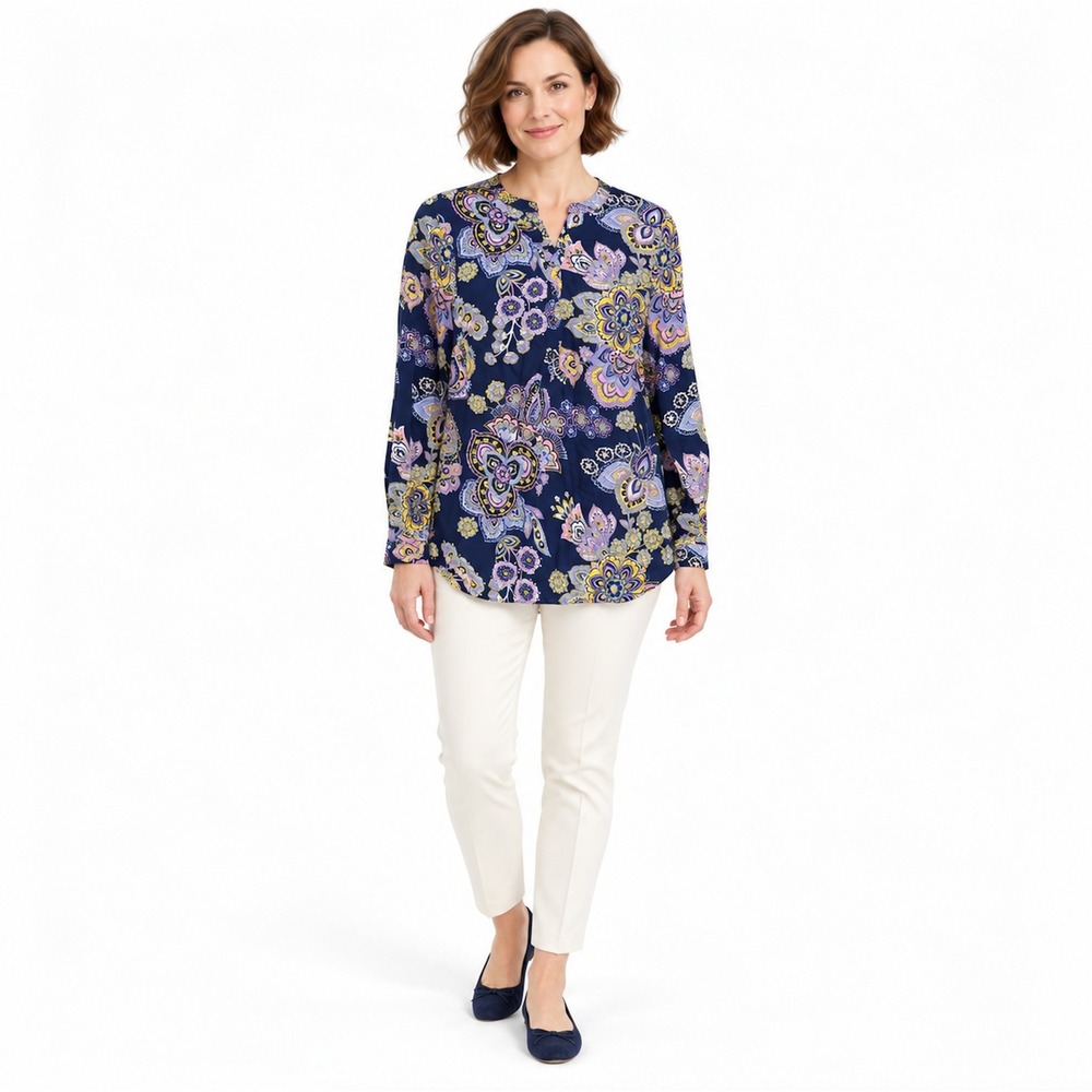 Talbots Navy Blue Paisley Floral Popover Blouse Long Sleeve SMALL